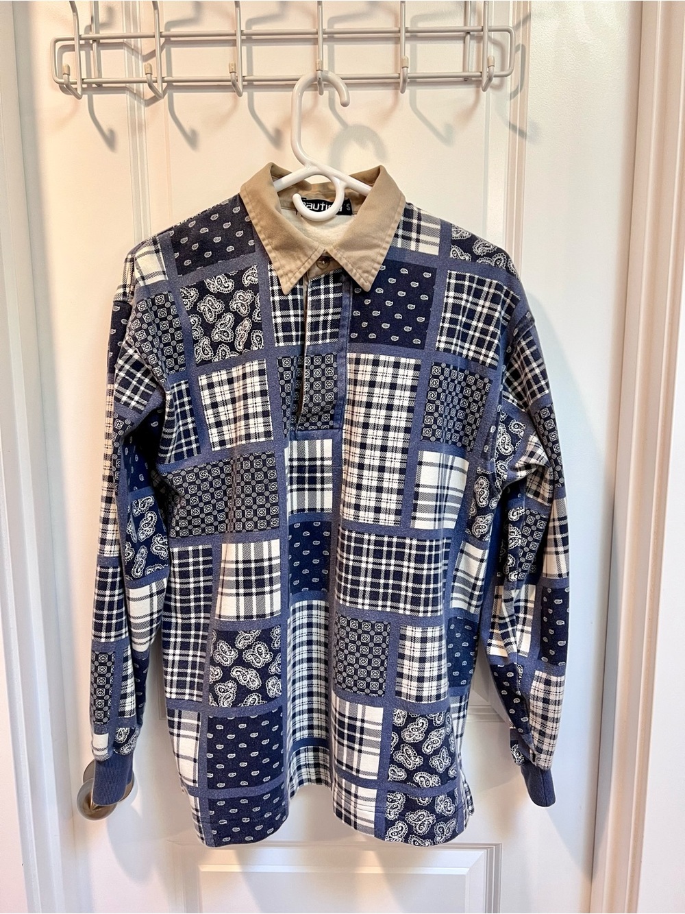 Men's Nautica Patchwork Plaid Long-Sleeve Shirt with Contrast Collar - Small